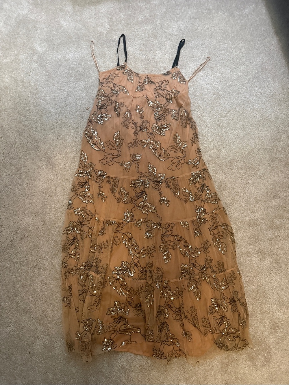 Anthropologie Sequin embroidered mesh Embellished Strap Maxi Dress Brown Medium - Picture 3 of 11